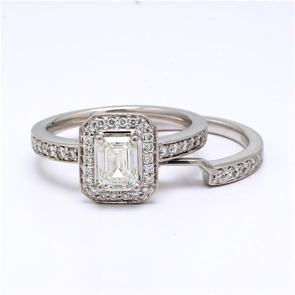 Platinum Emerald-Cut Diamond Halo Wedding Set, 1.46 ct tw