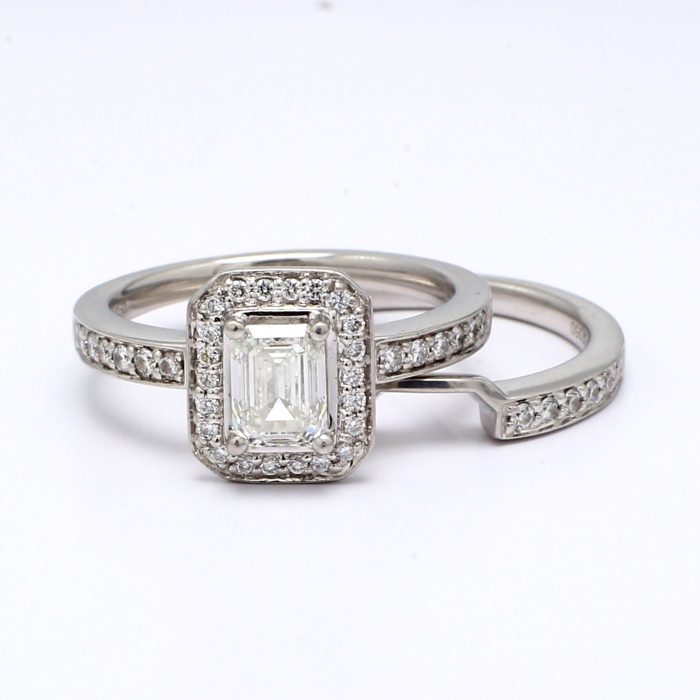 Platinum Emerald-Cut Diamond Halo Wedding Set, 1.46 ct tw