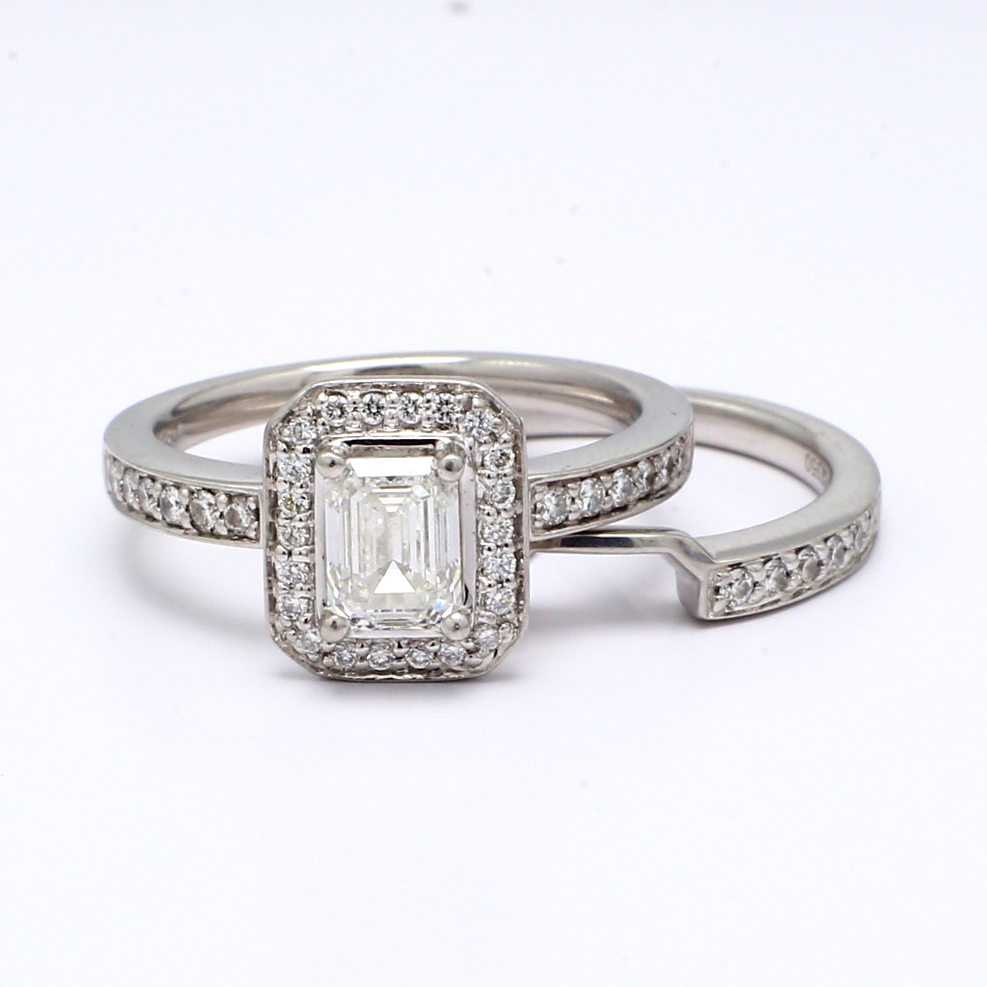 Platinum Emerald-Cut Diamond Halo Wedding Set, 1.46 ct tw