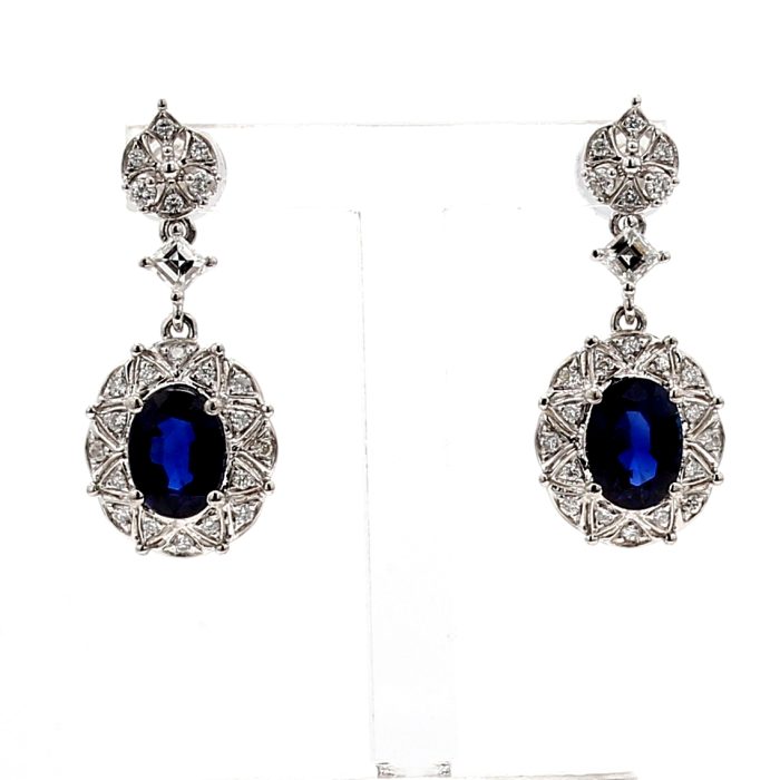 Platinum Oval Blue Sapphire and Diamond Halo Drop Earrings, 0.48 ct tw