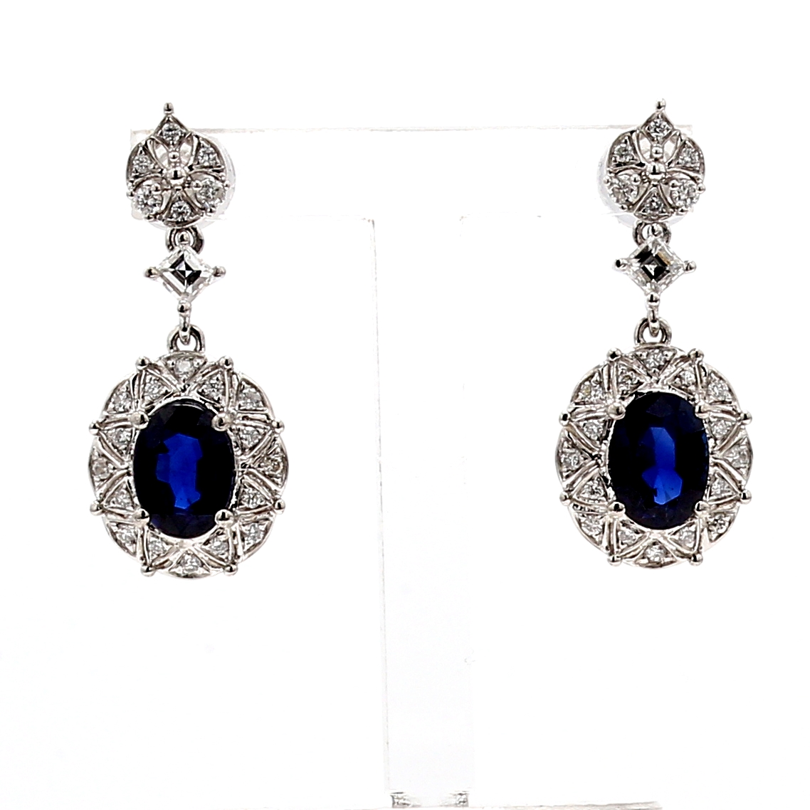 Platinum Oval Blue Sapphire and Diamond Halo Drop Earrings, 0.48 ct tw