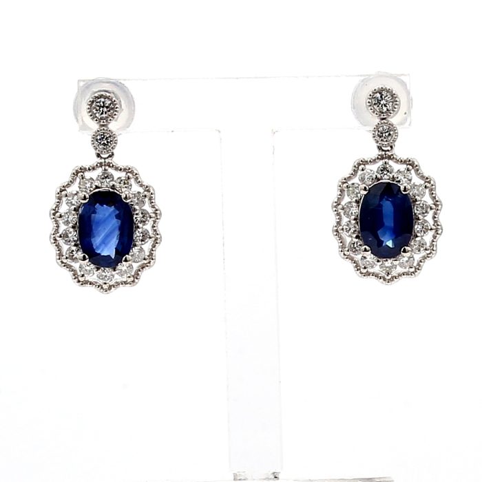 Platinum Oval Blue Sapphire and Diamond Halo Drop Earrings, 0.52 ct tw