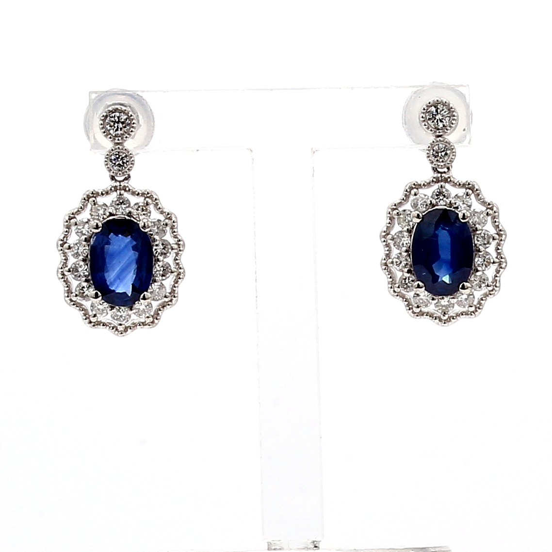 Platinum Oval Blue Sapphire and Diamond Halo Drop Earrings, 0.52 ct tw