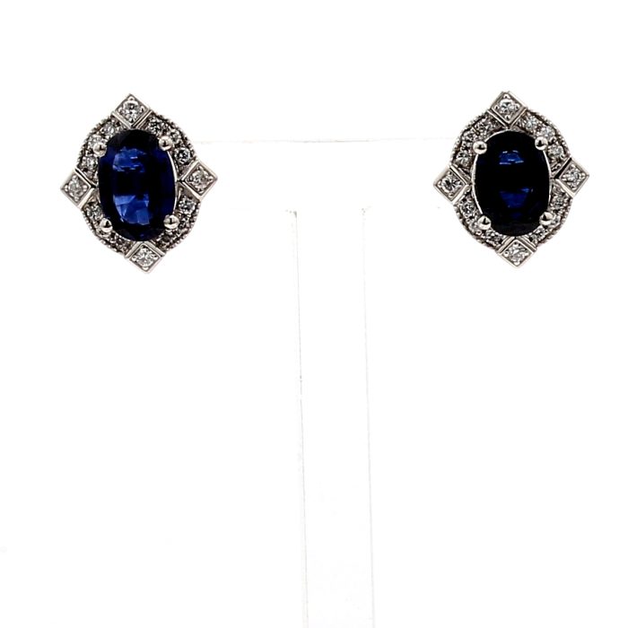 Platinum Oval Blue Sapphire and Diamond Halo Earrings, 0.19 ct tw