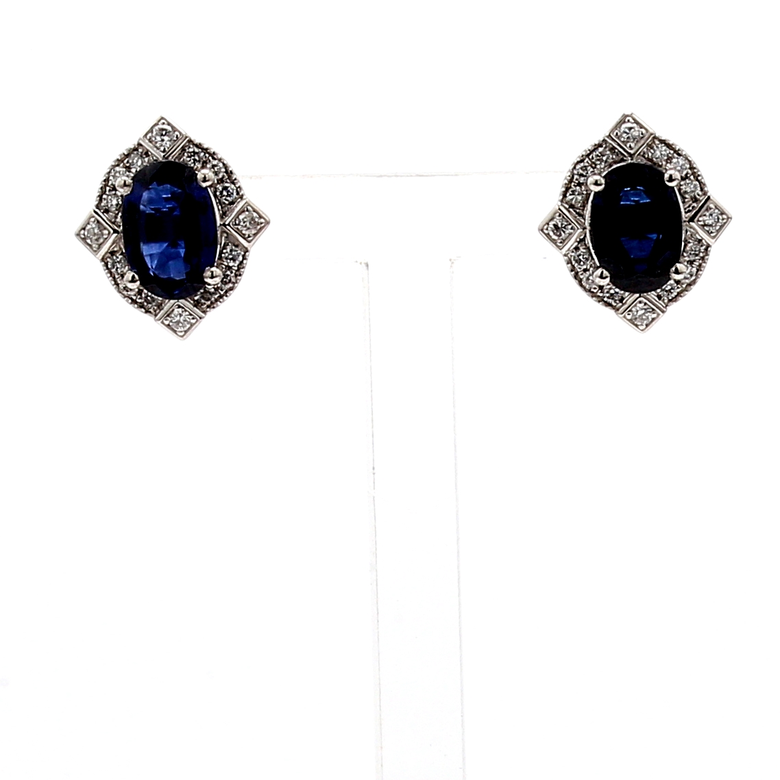 Platinum Oval Blue Sapphire and Diamond Halo Earrings, 0.19 ct tw