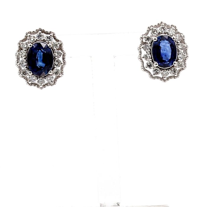 Platinum Oval Blue Sapphire and Diamond Halo Earrings, 0.54 ct tw