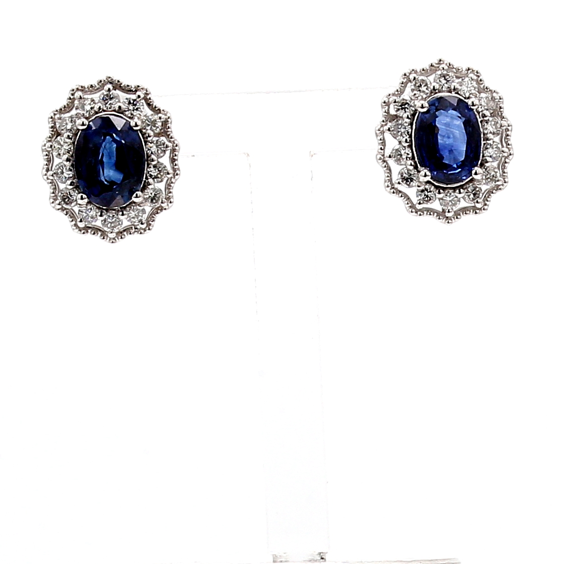 Platinum Oval Blue Sapphire and Diamond Halo Earrings, 0.54 ct tw