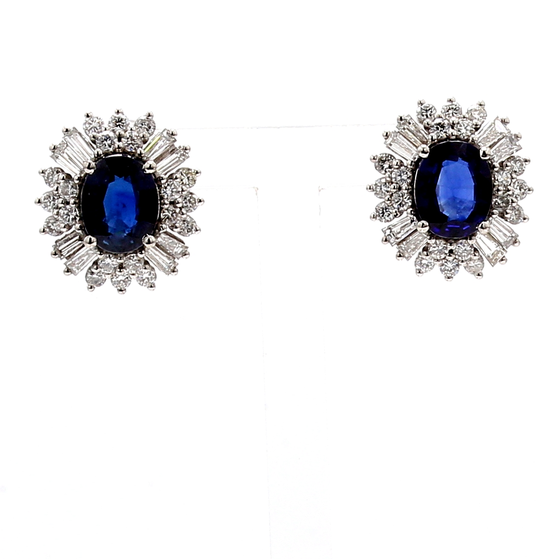 Platinum Oval Blue Sapphire and Diamond Halo Earrings, 1.38 ct tw