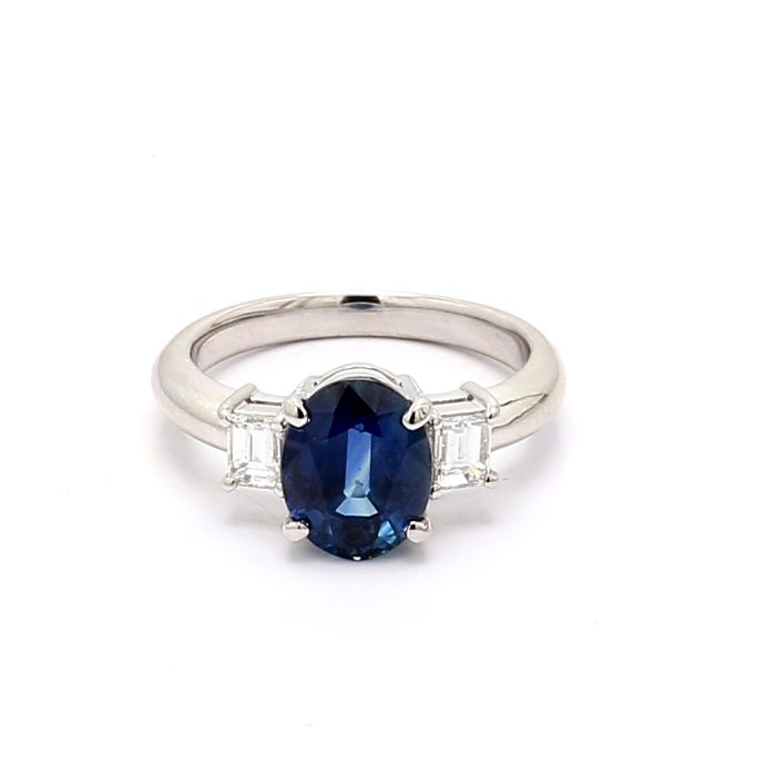 Platinum Oval Blue Sapphire and Emerald-Cut Diamond Three-Stone Ring, 0.40 ct tw