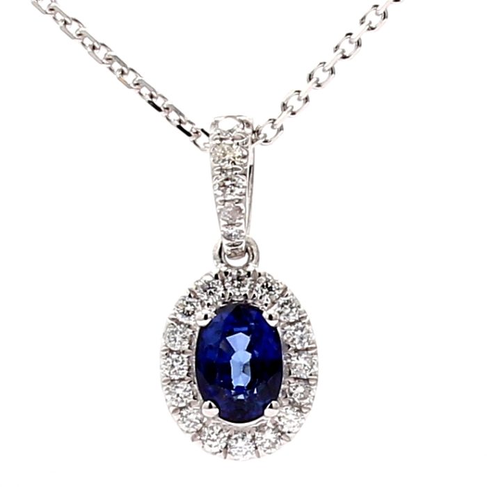 Platinum Oval Sapphire and Diamond Halo Pendant