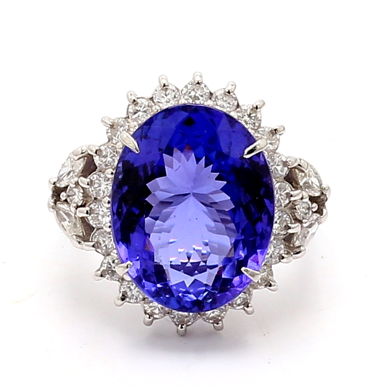 Platinum Oval Tanzanite and Diamond Halo Ring, 0.95 ct tw