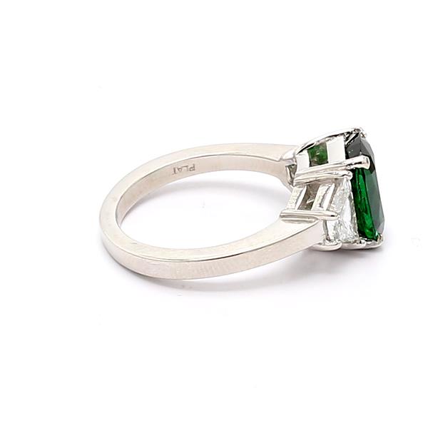 Platinum Tsavorite and Trapezoid Diamond Three-Stone Ring, 0.69 ct tw