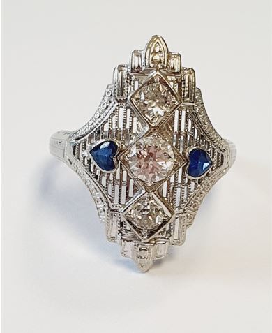 Platinum Vintage Old Mine Diamond and Sapphire Ring, 0.65 ct tw