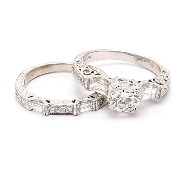 Platinum Vintage-Style Baguette and Round Diamond Wedding Set, 0.94 ct tw