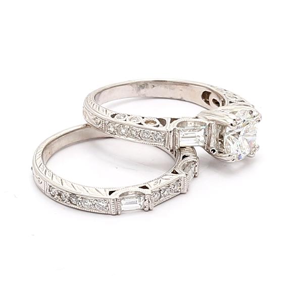 Platinum Vintage-Style Baguette and Round Diamond Wedding Set, 0.94 ct tw – view 2