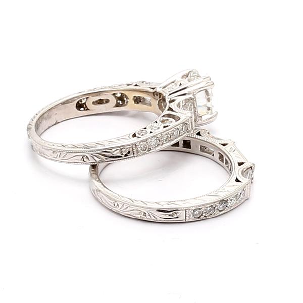 Platinum Vintage-Style Baguette and Round Diamond Wedding Set, 0.94 ct tw – view 3