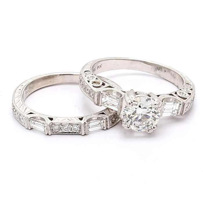 Platinum Vintage-Style Baguette and Round Diamond Wedding Set, 0.94 ct tw
