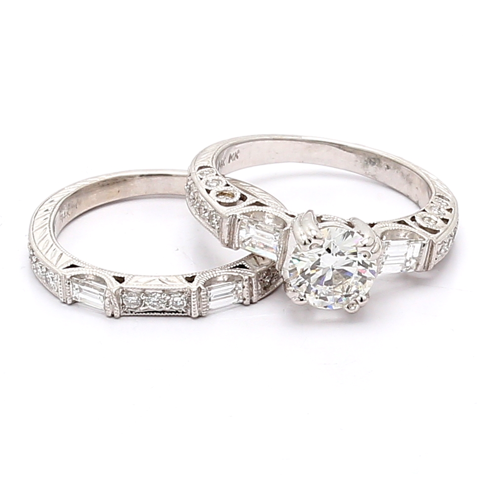 Platinum Vintage-Style Baguette and Round Diamond Wedding Set, 0.94 ct tw