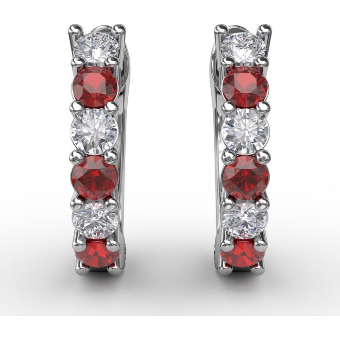 Fana White Gold Ruby and Diamond Shared-Prong Hoop Earrings