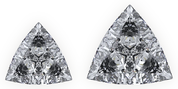 Trillion diamonds at 3.00 carat: a regular diamond beside a larger-looking Smart Cut diamond