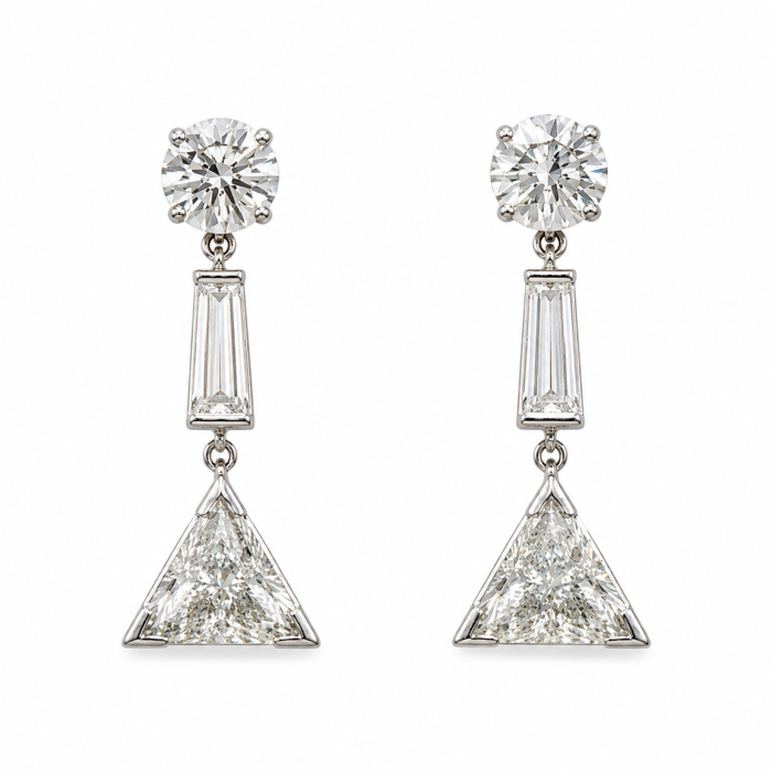 Trillion, Baguette and Round Diamond Drop Earrings, 4.70 ct tw