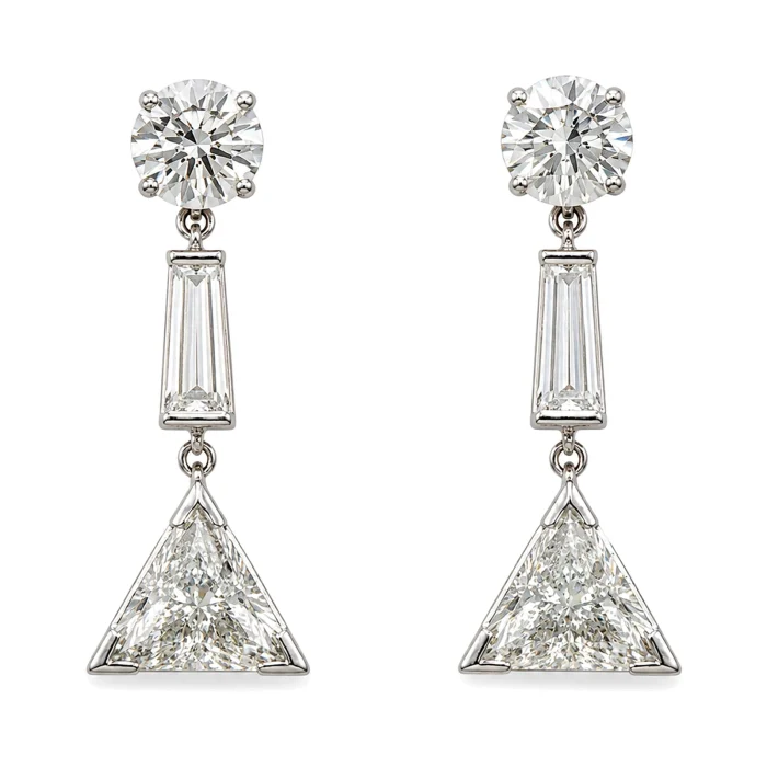 Trillion, Baguette and Round Diamond Drop Earrings, 4.70 ct tw