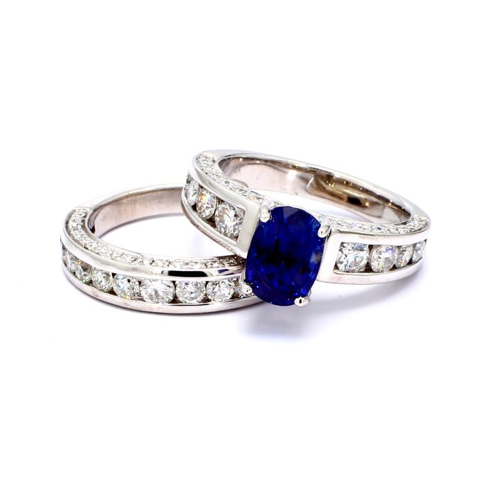White Gold Blue Sapphire and Diamond Wedding Set